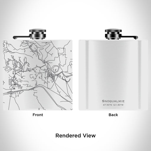 Rendered View of Snoqualmie Washington Map Engraving on 6oz Stainless Steel Flask in White