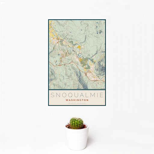 12x18 Snoqualmie Washington Map Print Portrait Orientation in Woodblock Style With Small Cactus Plant in White Planter