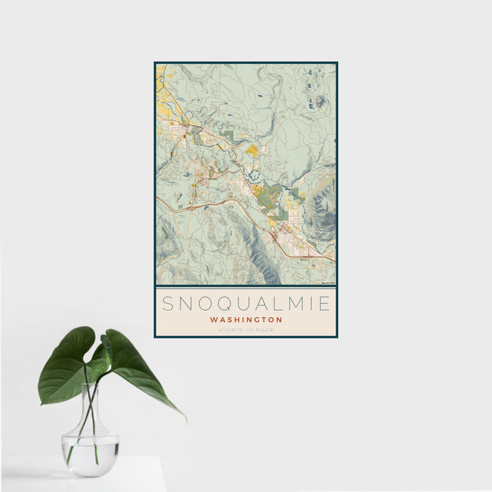 16x24 Snoqualmie Washington Map Print Portrait Orientation in Woodblock Style With Tropical Plant Leaves in Water
