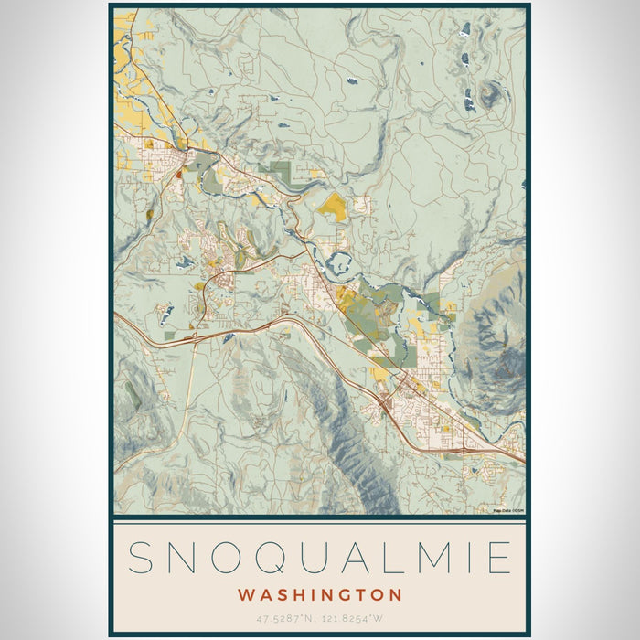 Snoqualmie Washington Map Print Portrait Orientation in Woodblock Style With Shaded Background