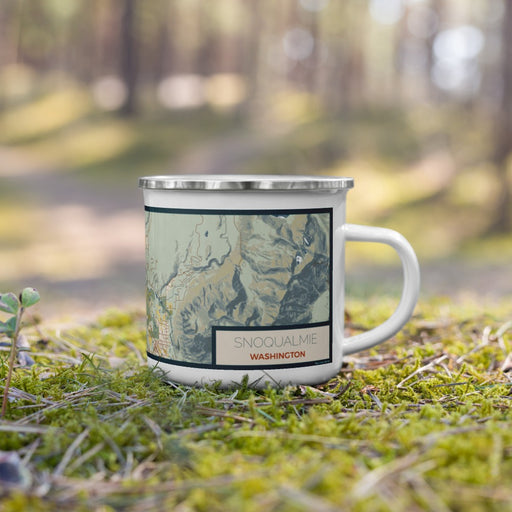 Right View Custom Snoqualmie Washington Map Enamel Mug in Woodblock on Grass With Trees in Background