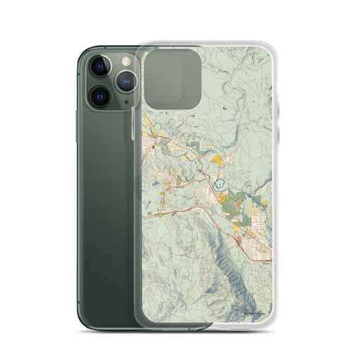 Custom Snoqualmie Washington Map Phone Case in Woodblock on Table with Laptop and Plant