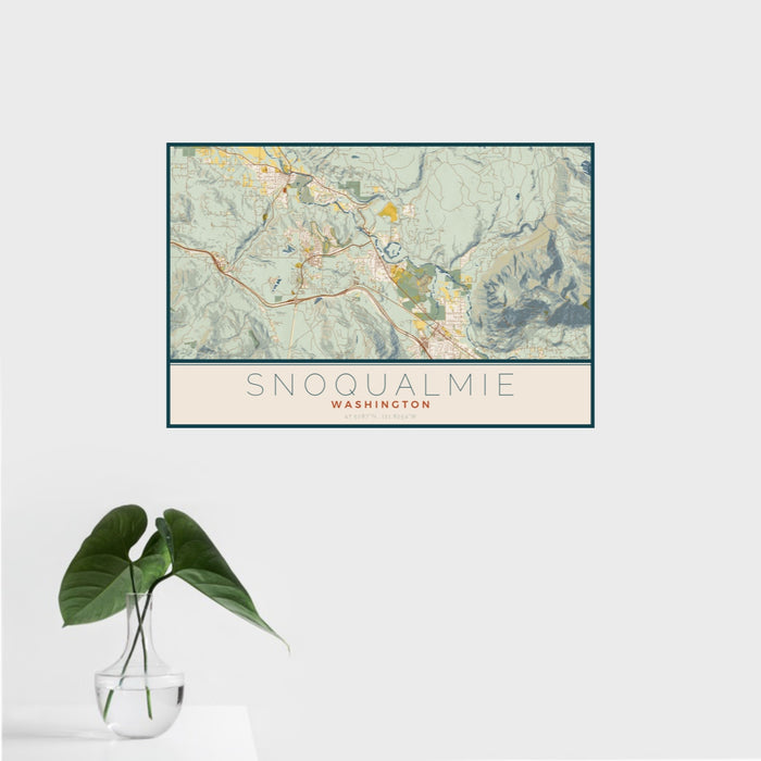 16x24 Snoqualmie Washington Map Print Landscape Orientation in Woodblock Style With Tropical Plant Leaves in Water