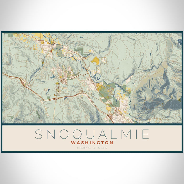 Snoqualmie Washington Map Print Landscape Orientation in Woodblock Style With Shaded Background