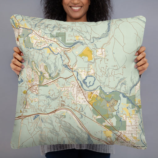 Person holding 22x22 Custom Snoqualmie Washington Map Throw Pillow in Woodblock