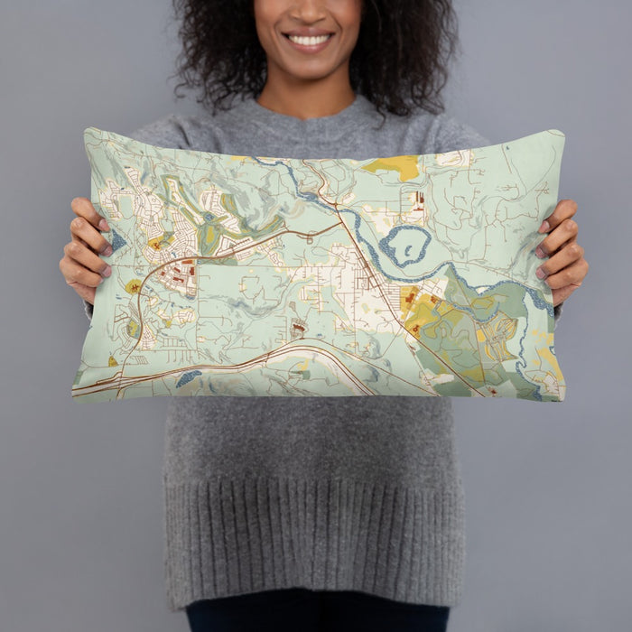 Person holding 20x12 Custom Snoqualmie Washington Map Throw Pillow in Woodblock
