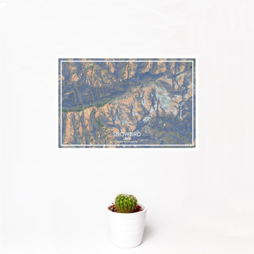 12x18 Snowbird Utah Map Print Landscape Orientation in Afternoon Style With Small Cactus Plant in White Planter