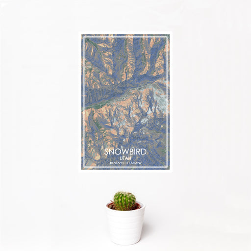 12x18 Snowbird Utah Map Print Portrait Orientation in Afternoon Style With Small Cactus Plant in White Planter