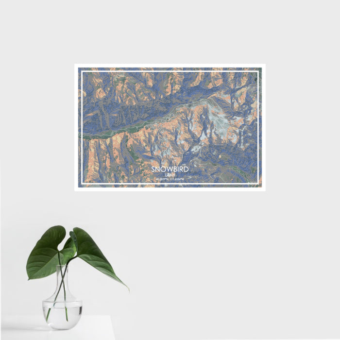 16x24 Snowbird Utah Map Print Landscape Orientation in Afternoon Style With Tropical Plant Leaves in Water