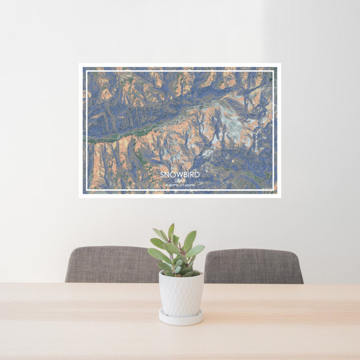 24x36 Snowbird Utah Map Print Lanscape Orientation in Afternoon Style Behind 2 Chairs Table and Potted Plant