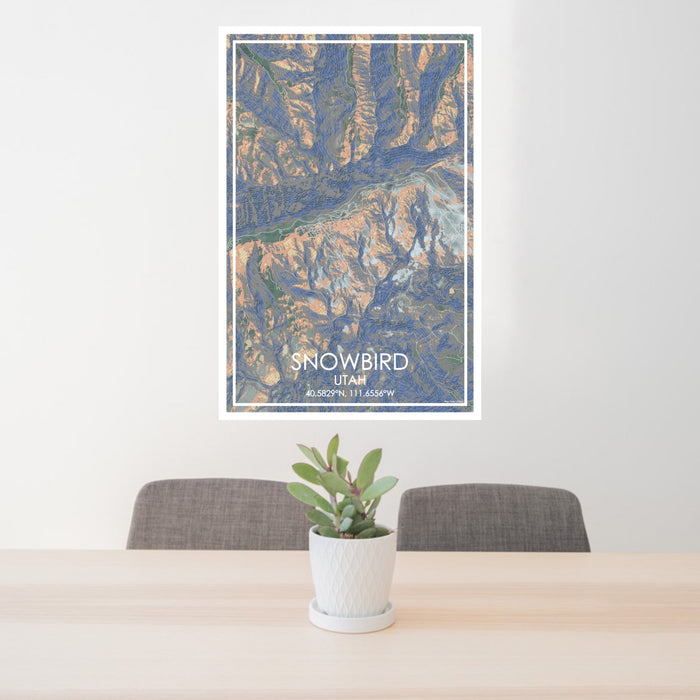 24x36 Snowbird Utah Map Print Portrait Orientation in Afternoon Style Behind 2 Chairs Table and Potted Plant