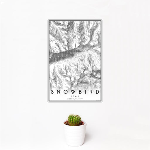 12x18 Snowbird Utah Map Print Portrait Orientation in Classic Style With Small Cactus Plant in White Planter