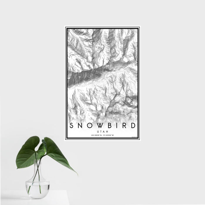 16x24 Snowbird Utah Map Print Portrait Orientation in Classic Style With Tropical Plant Leaves in Water