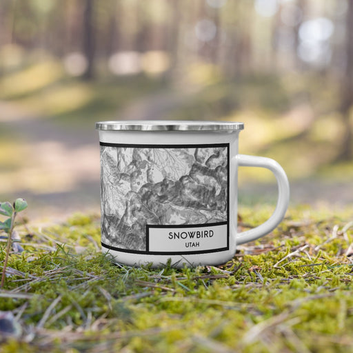 Right View Custom Snowbird Utah Map Enamel Mug in Classic on Grass With Trees in Background