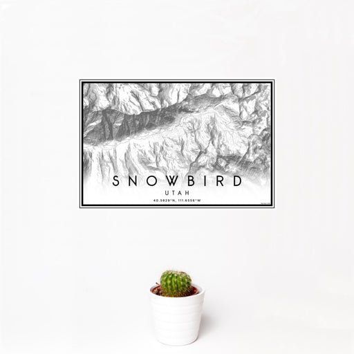 12x18 Snowbird Utah Map Print Landscape Orientation in Classic Style With Small Cactus Plant in White Planter
