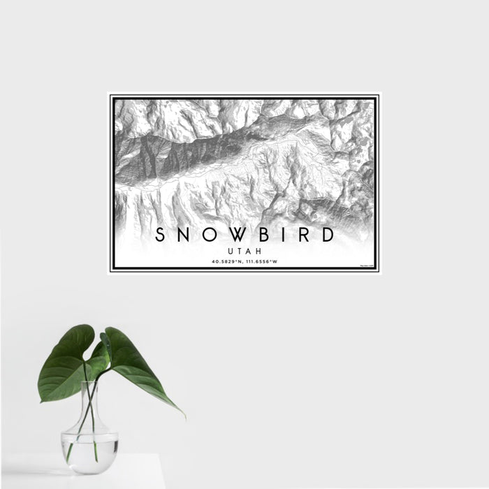 16x24 Snowbird Utah Map Print Landscape Orientation in Classic Style With Tropical Plant Leaves in Water