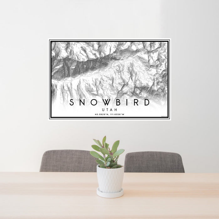 24x36 Snowbird Utah Map Print Landscape Orientation in Classic Style Behind 2 Chairs Table and Potted Plant