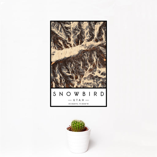 12x18 Snowbird Utah Map Print Portrait Orientation in Ember Style With Small Cactus Plant in White Planter