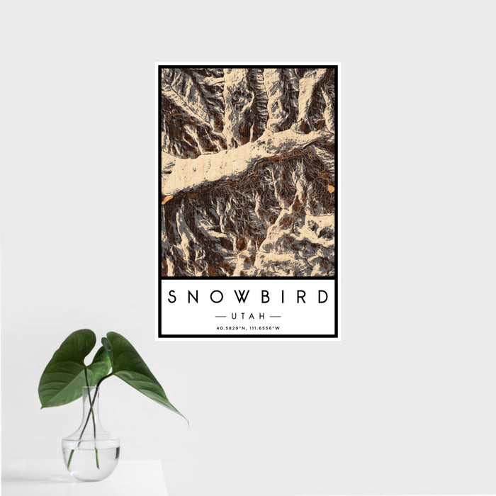 16x24 Snowbird Utah Map Print Portrait Orientation in Ember Style With Tropical Plant Leaves in Water
