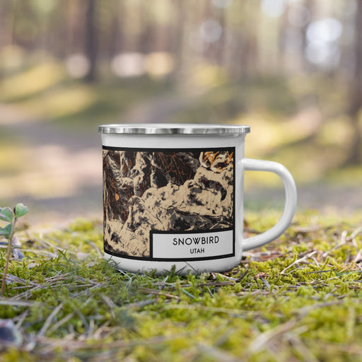 Right View Custom Snowbird Utah Map Enamel Mug in Ember on Grass With Trees in Background
