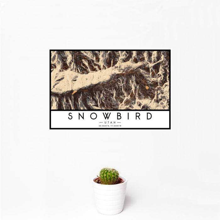 12x18 Snowbird Utah Map Print Landscape Orientation in Ember Style With Small Cactus Plant in White Planter