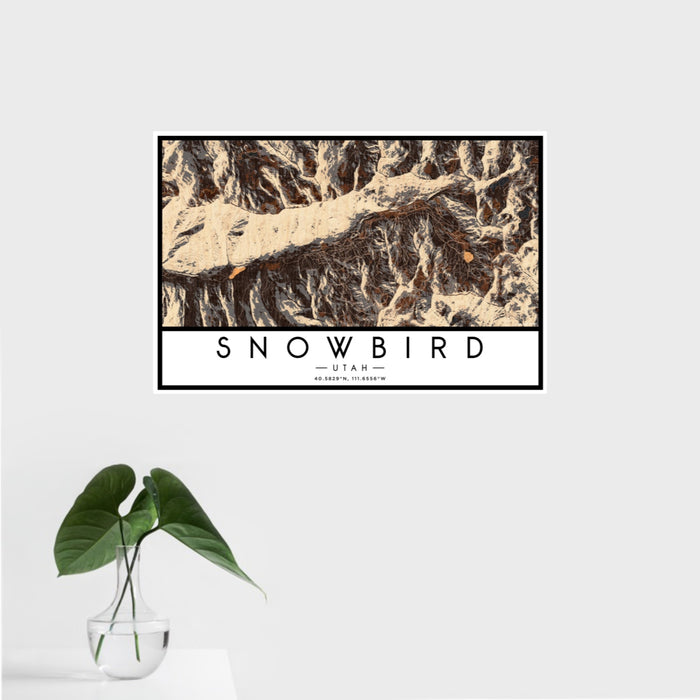 16x24 Snowbird Utah Map Print Landscape Orientation in Ember Style With Tropical Plant Leaves in Water