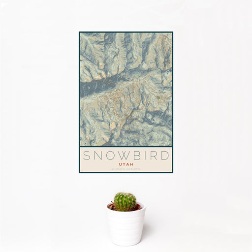12x18 Snowbird Utah Map Print Portrait Orientation in Woodblock Style With Small Cactus Plant in White Planter