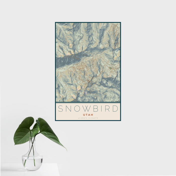 16x24 Snowbird Utah Map Print Portrait Orientation in Woodblock Style With Tropical Plant Leaves in Water