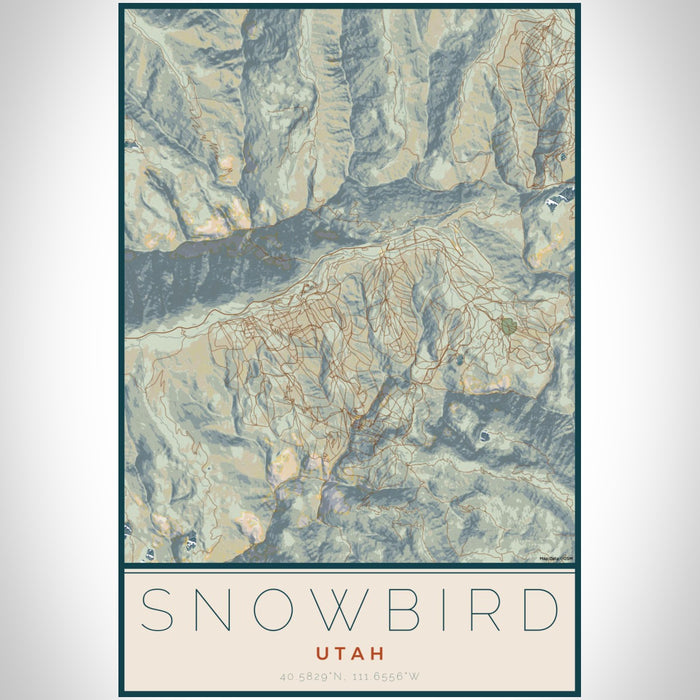 Snowbird Utah Map Print Portrait Orientation in Woodblock Style With Shaded Background