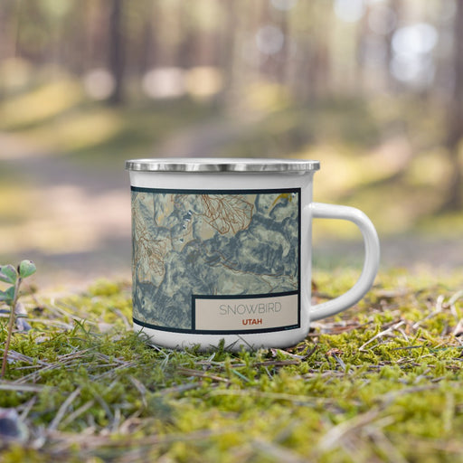 Right View Custom Snowbird Utah Map Enamel Mug in Woodblock on Grass With Trees in Background