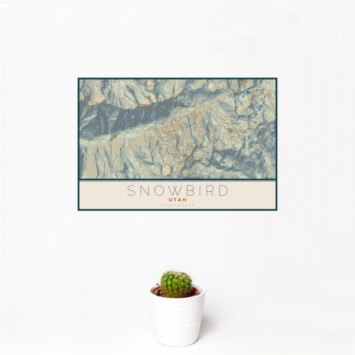 12x18 Snowbird Utah Map Print Landscape Orientation in Woodblock Style With Small Cactus Plant in White Planter