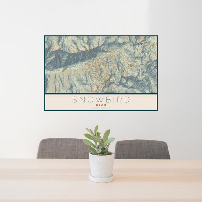 24x36 Snowbird Utah Map Print Landscape Orientation in Woodblock Style Behind 2 Chairs Table and Potted Plant