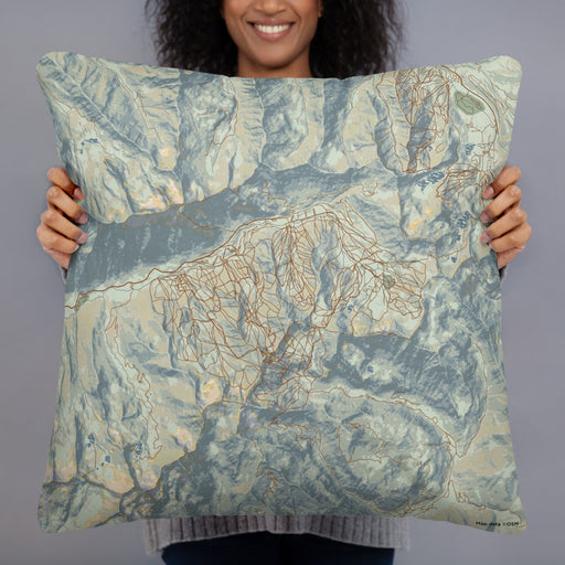 Person holding 22x22 Custom Snowbird Utah Map Throw Pillow in Woodblock