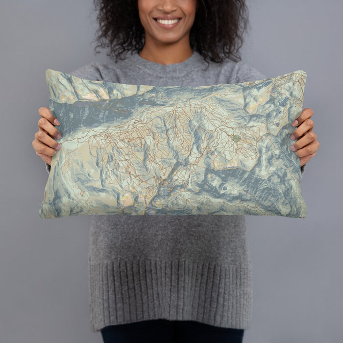 Person holding 20x12 Custom Snowbird Utah Map Throw Pillow in Woodblock