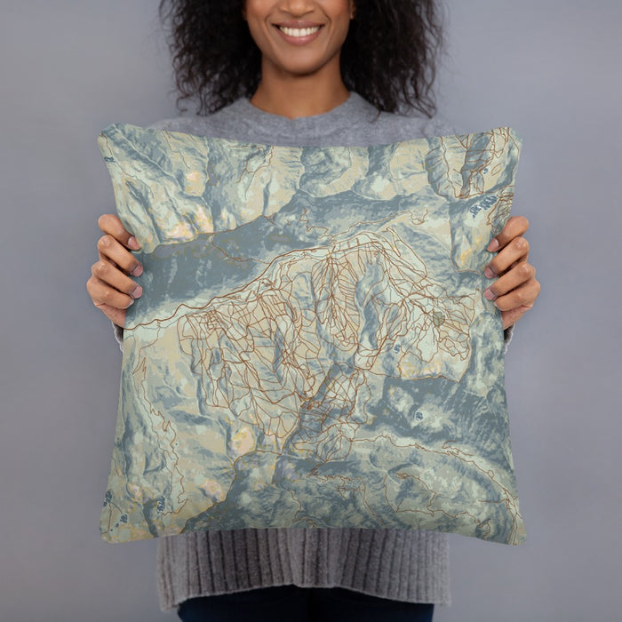 Person holding 18x18 Custom Snowbird Utah Map Throw Pillow in Woodblock