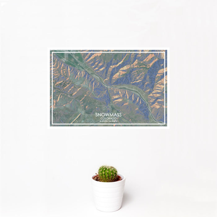 12x18 Snowmass Colorado Map Print Landscape Orientation in Afternoon Style With Small Cactus Plant in White Planter