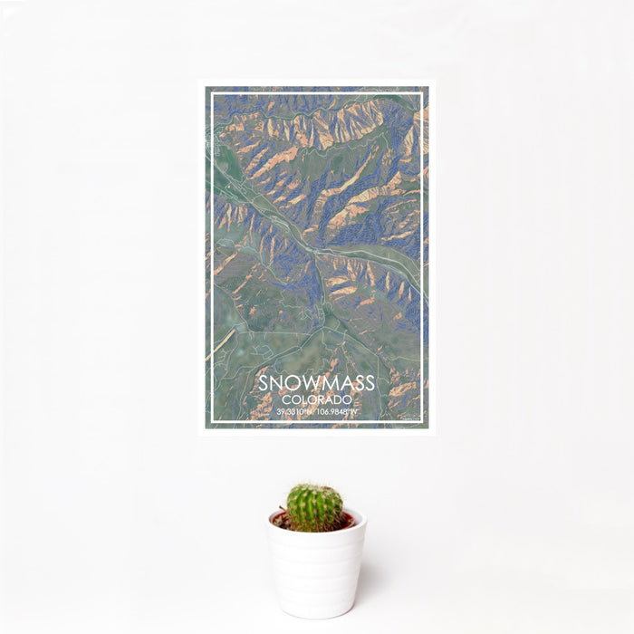 12x18 Snowmass Colorado Map Print Portrait Orientation in Afternoon Style With Small Cactus Plant in White Planter