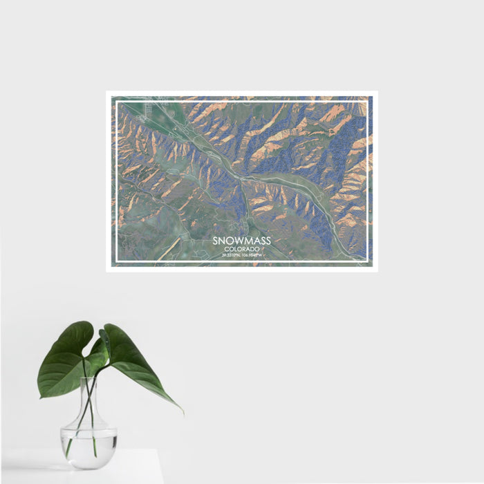 16x24 Snowmass Colorado Map Print Landscape Orientation in Afternoon Style With Tropical Plant Leaves in Water