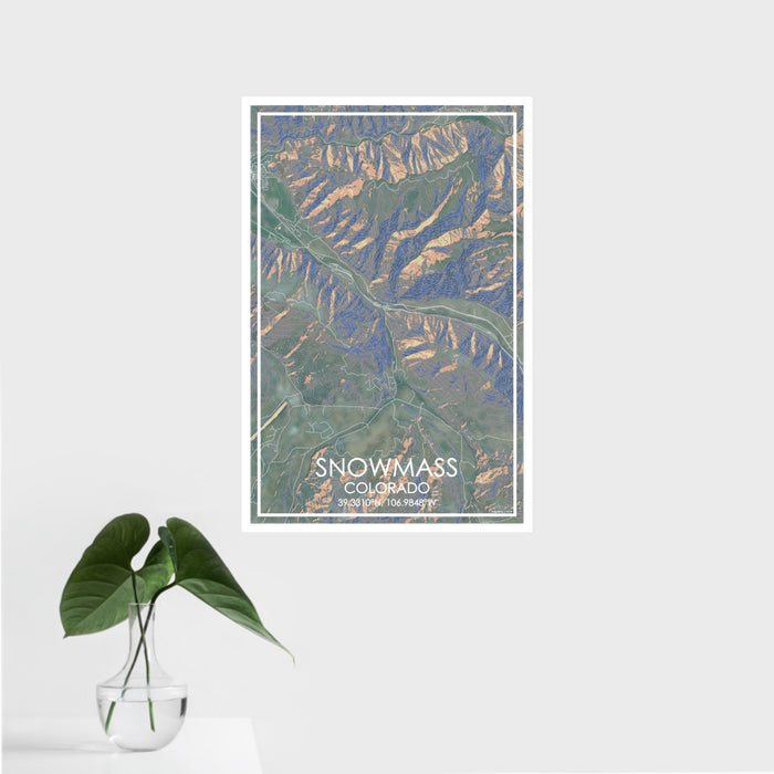 16x24 Snowmass Colorado Map Print Portrait Orientation in Afternoon Style With Tropical Plant Leaves in Water