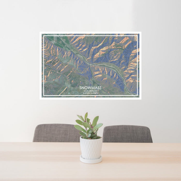 24x36 Snowmass Colorado Map Print Lanscape Orientation in Afternoon Style Behind 2 Chairs Table and Potted Plant