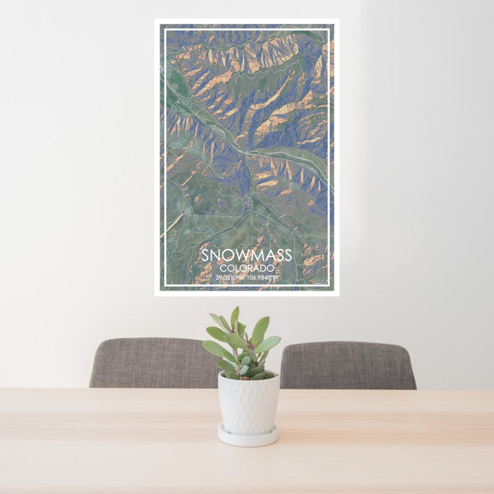 24x36 Snowmass Colorado Map Print Portrait Orientation in Afternoon Style Behind 2 Chairs Table and Potted Plant