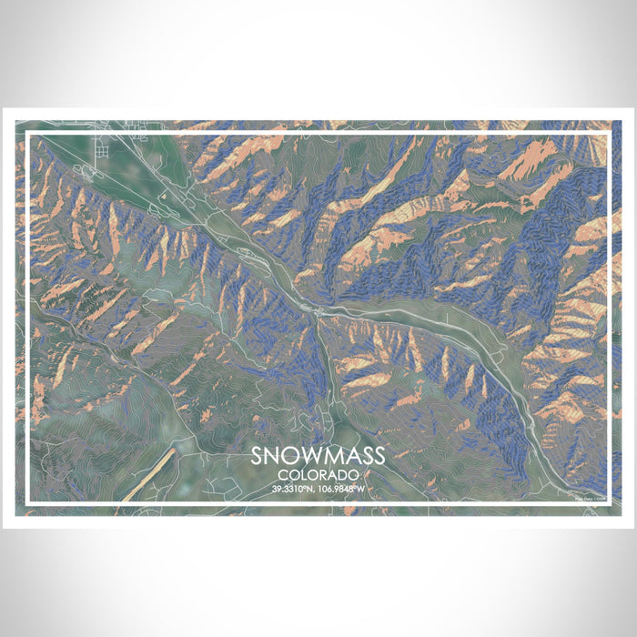 Snowmass Colorado Map Print Landscape Orientation in Afternoon Style With Shaded Background