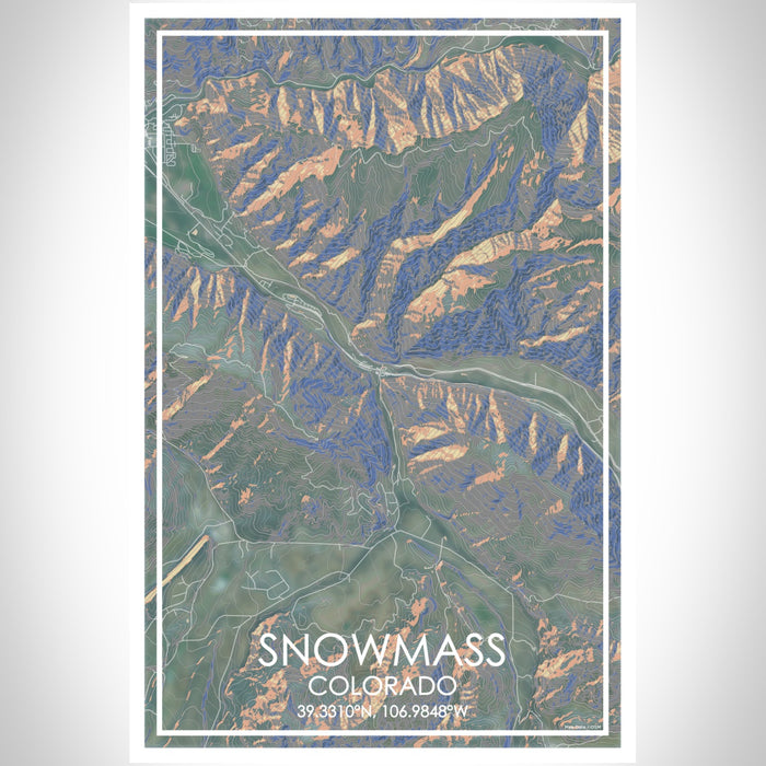 Snowmass Colorado Map Print Portrait Orientation in Afternoon Style With Shaded Background