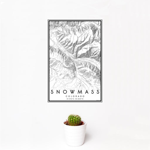 12x18 Snowmass Colorado Map Print Portrait Orientation in Classic Style With Small Cactus Plant in White Planter