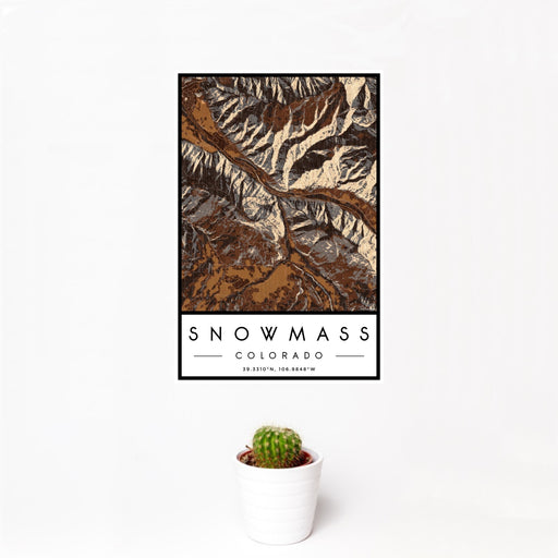 12x18 Snowmass Colorado Map Print Portrait Orientation in Ember Style With Small Cactus Plant in White Planter