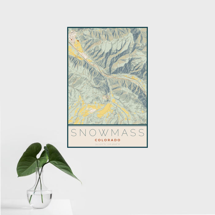 16x24 Snowmass Colorado Map Print Portrait Orientation in Woodblock Style With Tropical Plant Leaves in Water