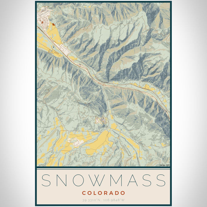 Snowmass Colorado Map Print Portrait Orientation in Woodblock Style With Shaded Background