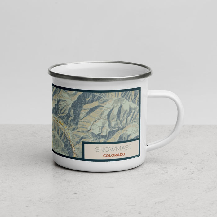 Right View Custom Snowmass Colorado Map Enamel Mug in Woodblock
