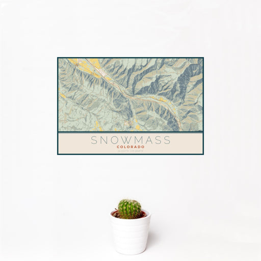 12x18 Snowmass Colorado Map Print Landscape Orientation in Woodblock Style With Small Cactus Plant in White Planter