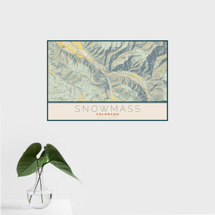 16x24 Snowmass Colorado Map Print Landscape Orientation in Woodblock Style With Tropical Plant Leaves in Water